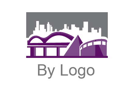city skyline logo with skyscrapers, a pyramid and rail road bridge