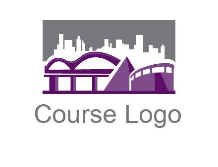 city skyline logo with skyscrapers, a pyramid and rail road bridge