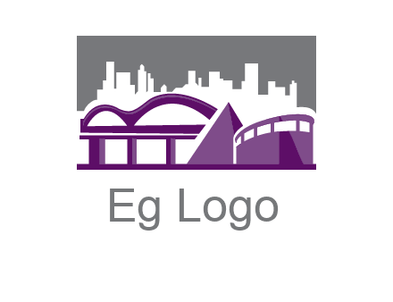 city skyline logo with skyscrapers, a pyramid and rail road bridge