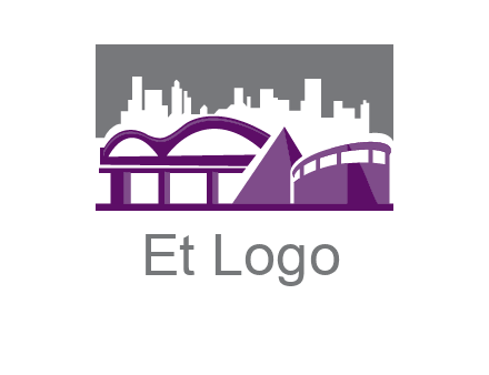 city skyline logo with skyscrapers, a pyramid and rail road bridge