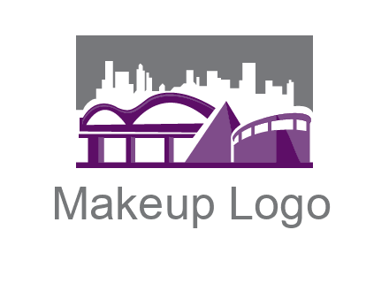 city skyline logo with skyscrapers, a pyramid and rail road bridge