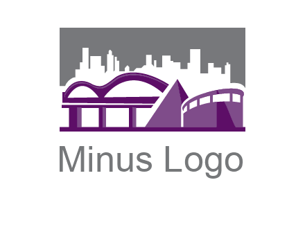 city skyline logo with skyscrapers, a pyramid and rail road bridge