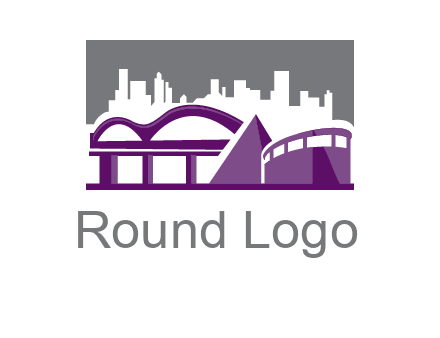 city skyline logo with skyscrapers, a pyramid and rail road bridge