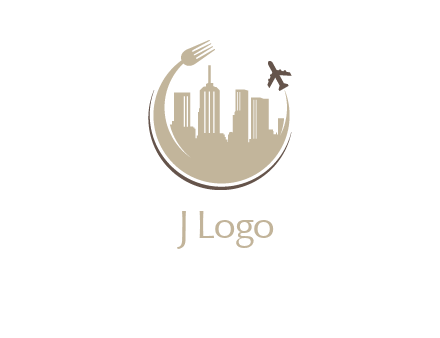 jet flying around skyscrapers and a curved fork