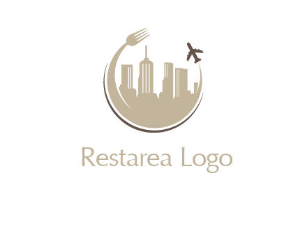 jet flying around skyscrapers and a curved fork