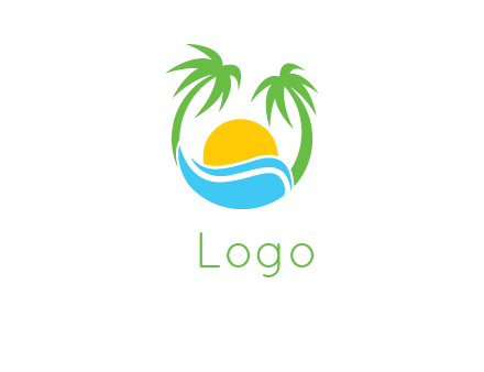 palm trees, waves and the sun curving in a round logo
