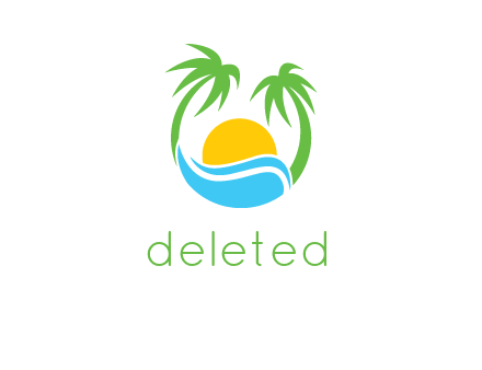 palm trees, waves and the sun curving in a round logo
