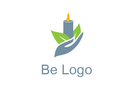 leaves and candle resting on a hand logo