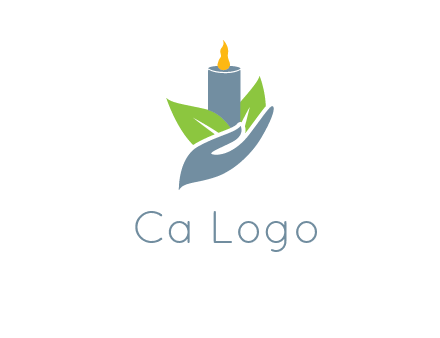 leaves and candle resting on a hand logo