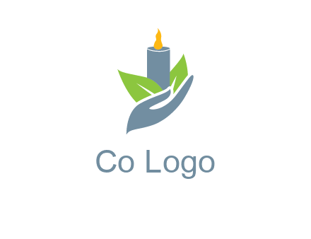 leaves and candle resting on a hand logo