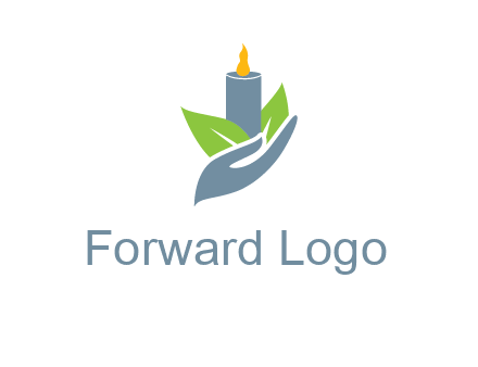 leaves and candle resting on a hand logo