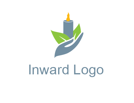 leaves and candle resting on a hand logo