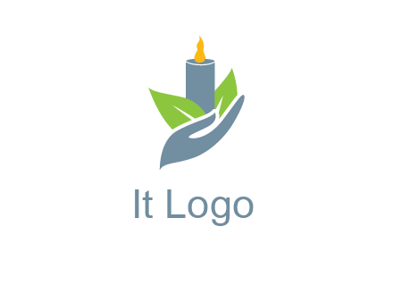 leaves and candle resting on a hand logo