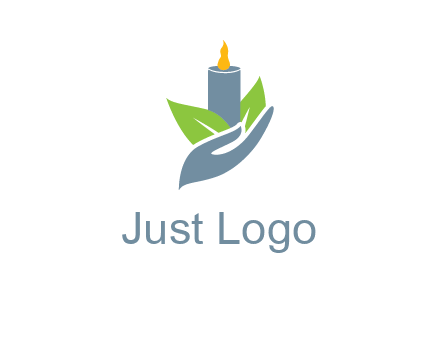 leaves and candle resting on a hand logo