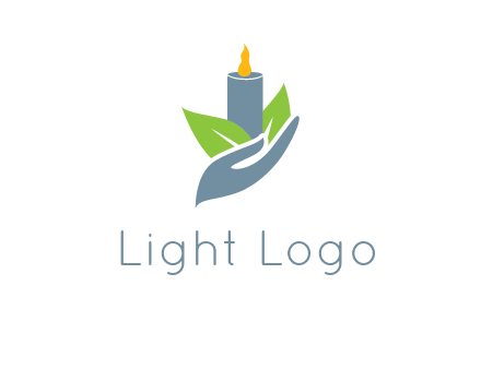 leaves and candle resting on a hand logo