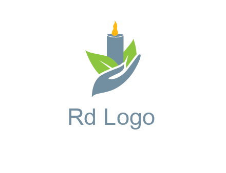 leaves and candle resting on a hand logo