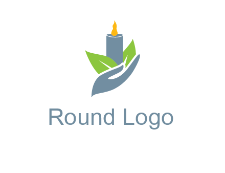 leaves and candle resting on a hand logo