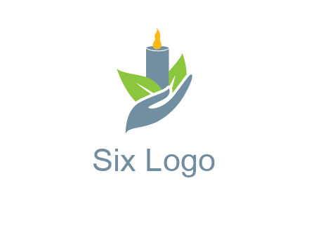 leaves and candle resting on a hand logo