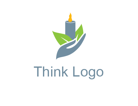 leaves and candle resting on a hand logo