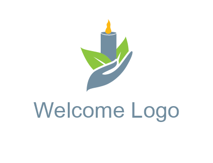 leaves and candle resting on a hand logo