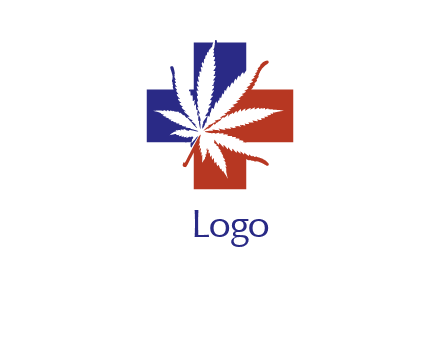 marijuana leaf over red and blue medical cross