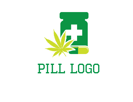 marijuana leaf, capsule and medicine jar logo