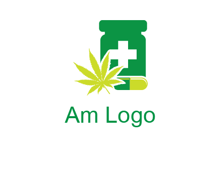 marijuana leaf, capsule and medicine jar logo