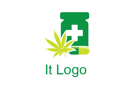 marijuana leaf, capsule and medicine jar logo