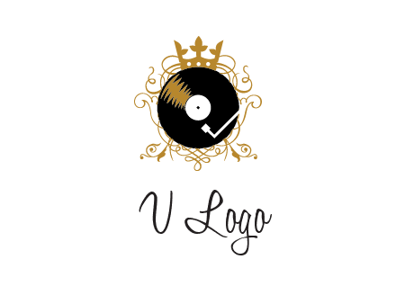 vinyl record with a crown and intricate patterns logo