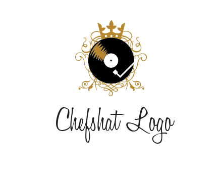 vinyl record with a crown and intricate patterns logo