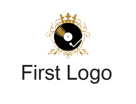 vinyl record with a crown and intricate patterns logo