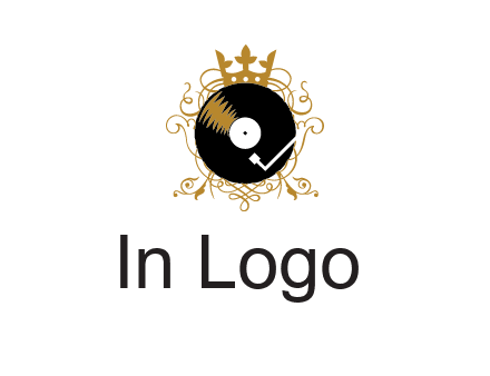 vinyl record with a crown and intricate patterns logo