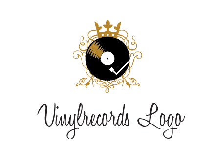 vinyl record with a crown and intricate patterns logo