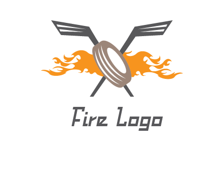 crossed hockey sticks and fire behind a tire logo