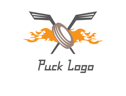 crossed hockey sticks and fire behind a tire logo