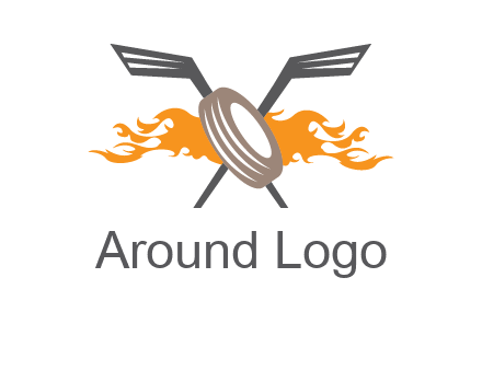 crossed hockey sticks and fire behind a tire logo