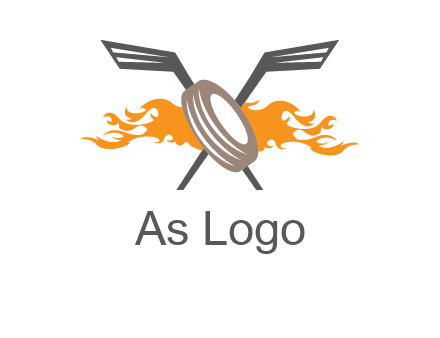crossed hockey sticks and fire behind a tire logo