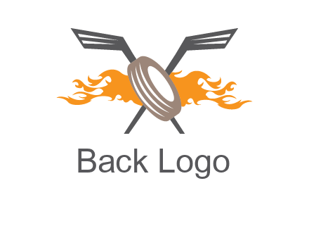 crossed hockey sticks and fire behind a tire logo