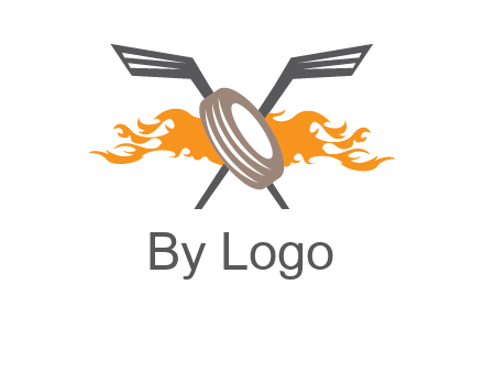 crossed hockey sticks and fire behind a tire logo