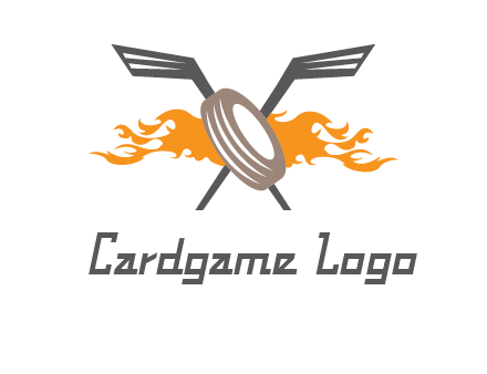 crossed hockey sticks and fire behind a tire logo