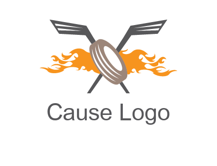 crossed hockey sticks and fire behind a tire logo