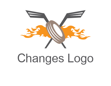 crossed hockey sticks and fire behind a tire logo