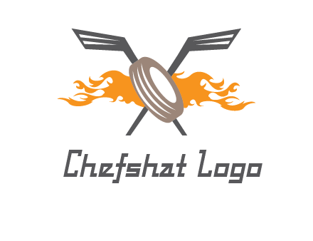 crossed hockey sticks and fire behind a tire logo