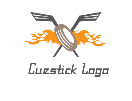 crossed hockey sticks and fire behind a tire logo