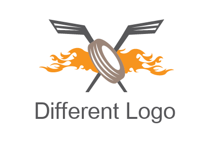 crossed hockey sticks and fire behind a tire logo