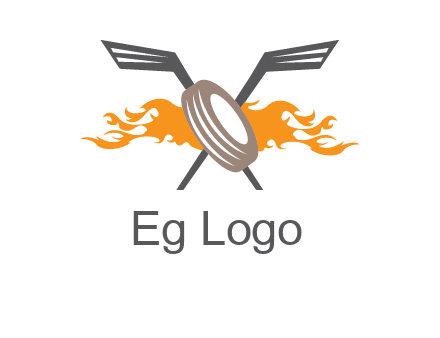 crossed hockey sticks and fire behind a tire logo