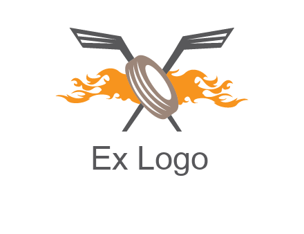 crossed hockey sticks and fire behind a tire logo