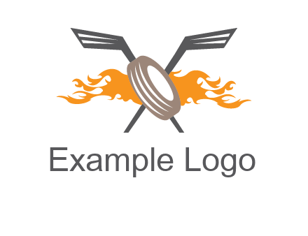 crossed hockey sticks and fire behind a tire logo