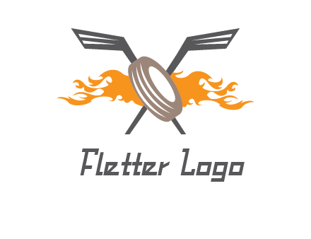 crossed hockey sticks and fire behind a tire logo