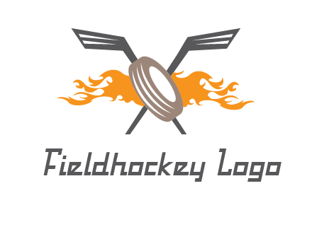crossed hockey sticks and fire behind a tire logo